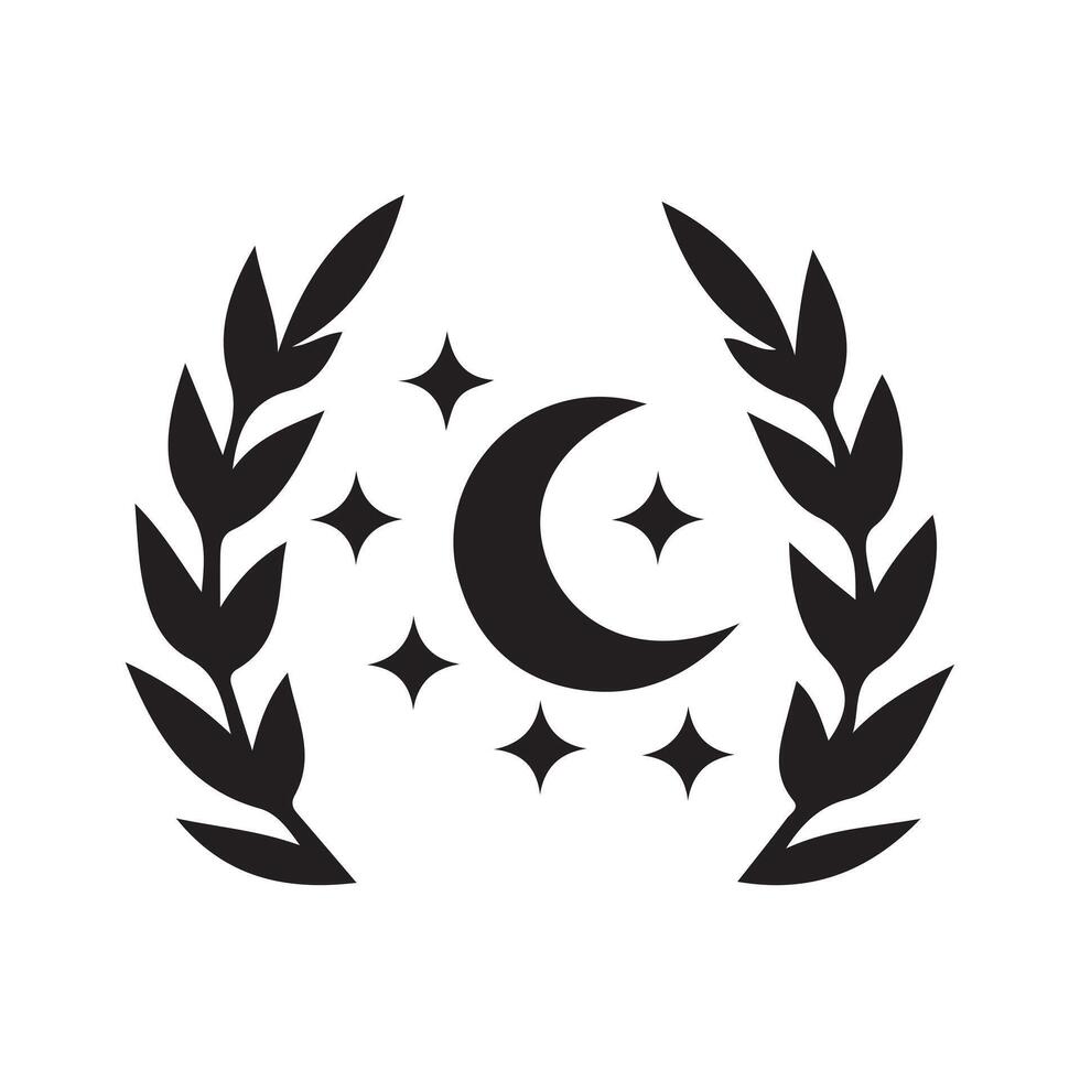 Crescent Moon Stars and Leaves Illustration, Celestial Night Symbol Graphic, Nature Moonlight Design, Mystical Sky Art vector