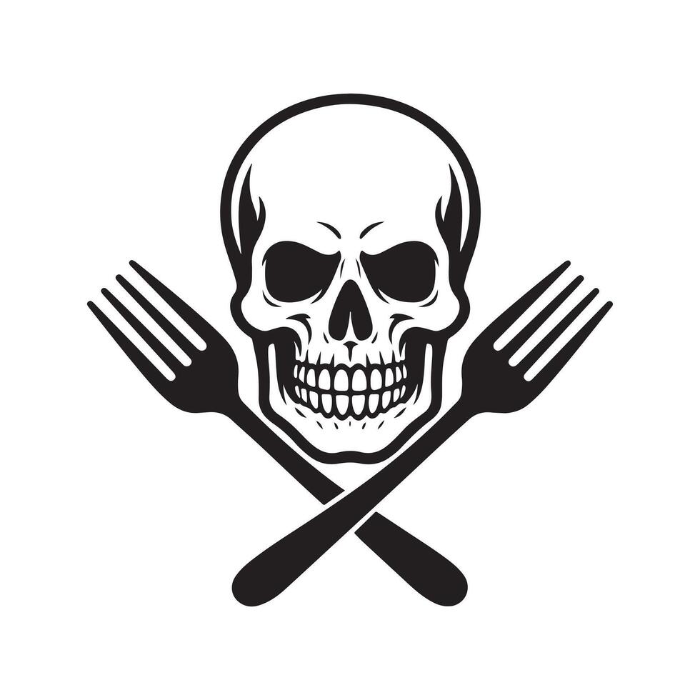 Skull with Crossed Forks, Danger Food Symbol Graphic, Poison Warning Sign Art vector