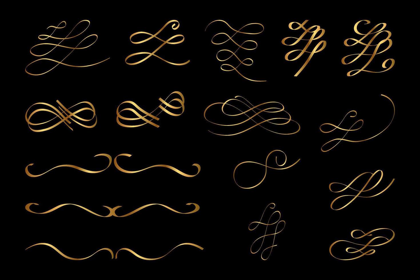 Gold Calligraphic Swirl Filigree Divider Separator Set in Victorian Cursive Style vector