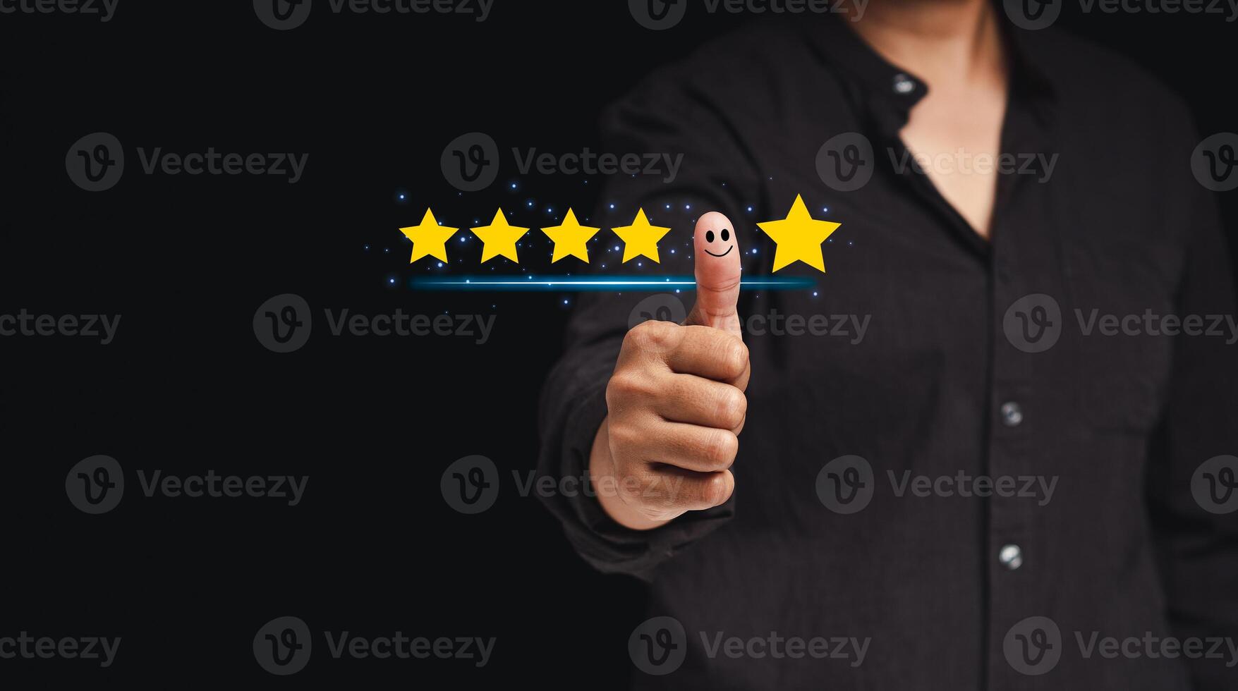 Businessman hand with thumbs up for best excellent services satisfaction client giving a five-star rating photo