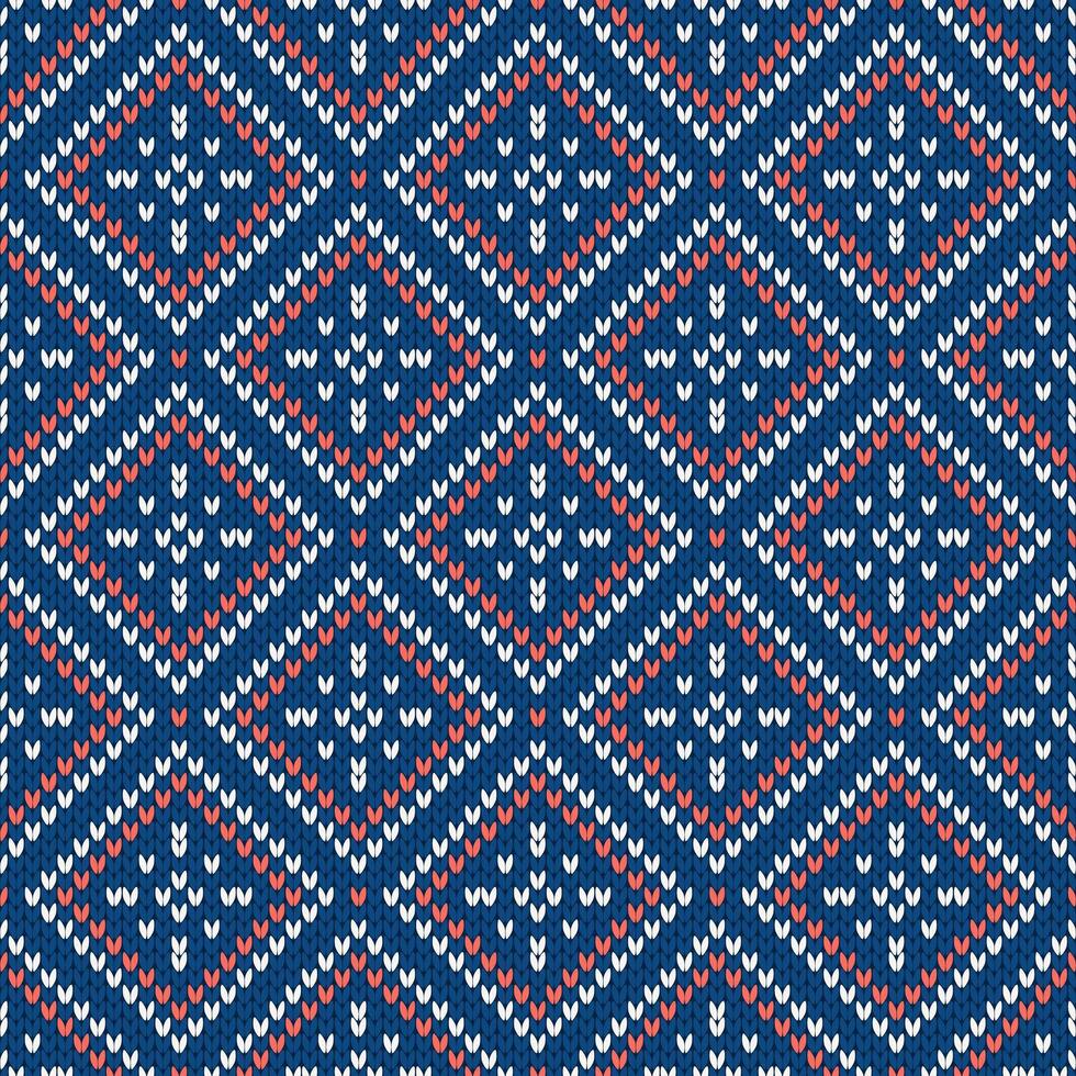 Winter knitted pattern. Nordic ethnic style ornament with snowflakes and rhombs. Holiday background. Diamond pattern seamless texture, blue red vector