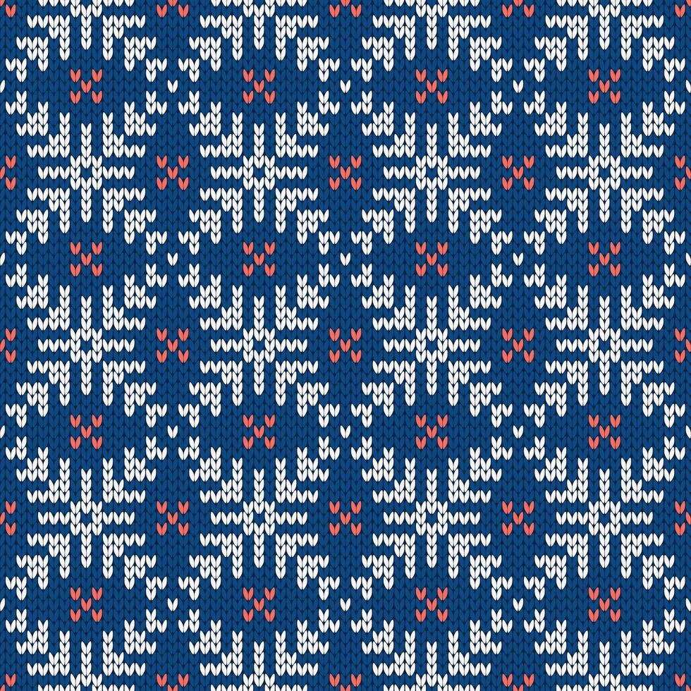 Scandinavian knitted seamless pattern. Norwegian native style sweater with snowflakes. Wool texture. Winter holiday blue background. vector