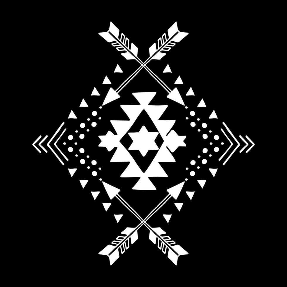 Aztec element, ethnic hand drawn white ornament on black background. Tribal design, geometric symbol, navajo motif vector