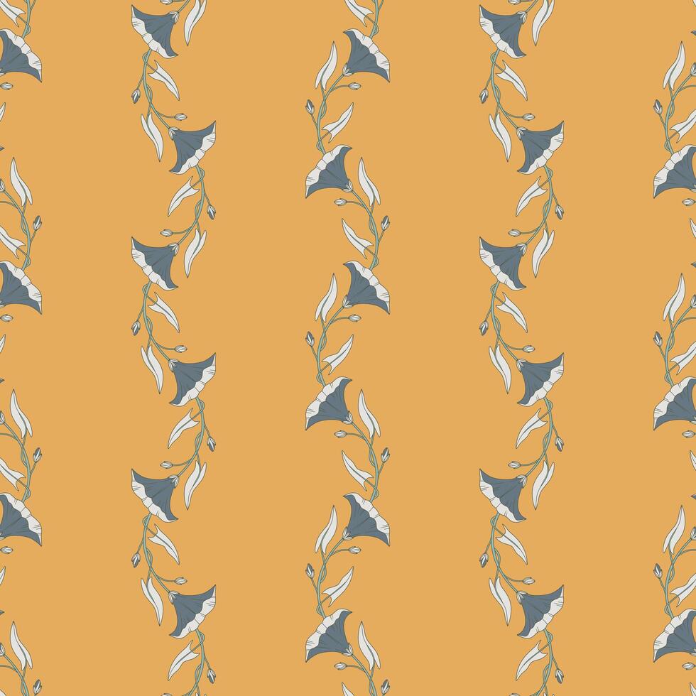 Seamless pattern with flowers and leaves of bindweed plant. Template with morning glory wildflowers for fashion prints. Yellow background vector
