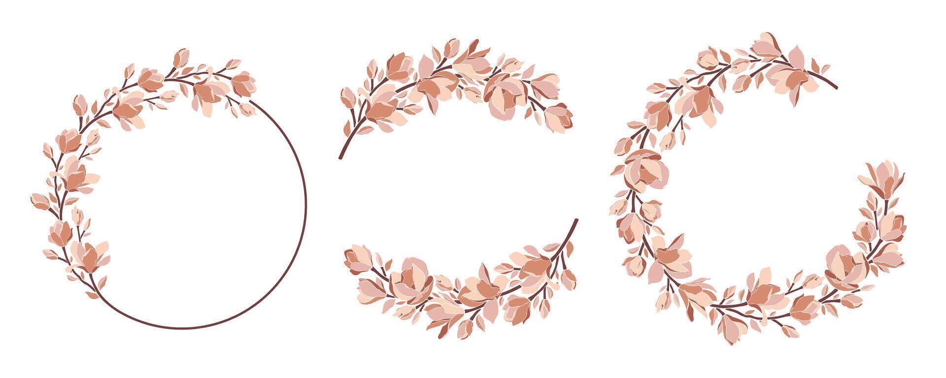Set of wreaths with magnolia branches, flowers. vector