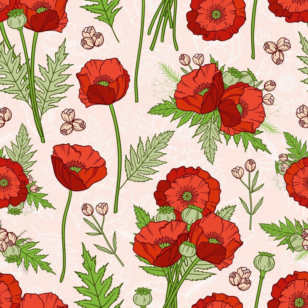 Seamless pattern with poppies, bohemian style. vector