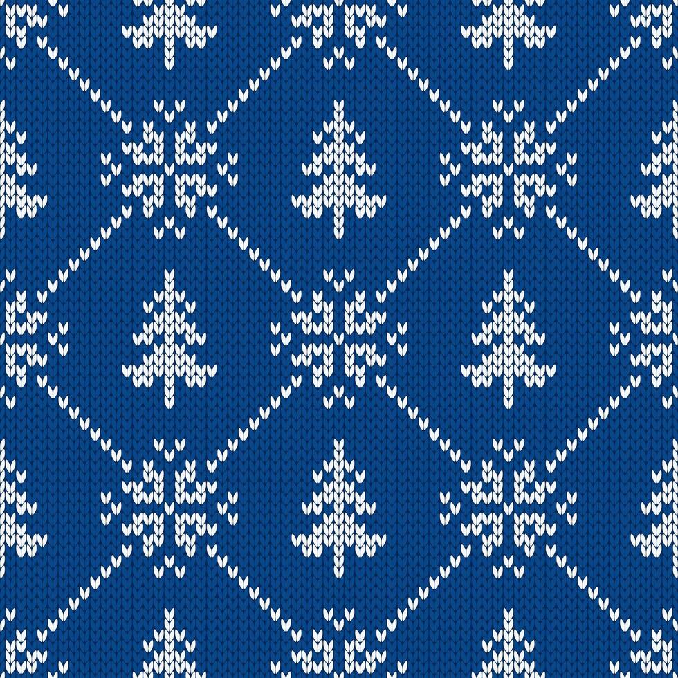 Winter traditional knitted pattern. Scandinavian style sweater. Seamless wool texture, blue illustration with snowflakes and christmas trees. Holiday background. vector