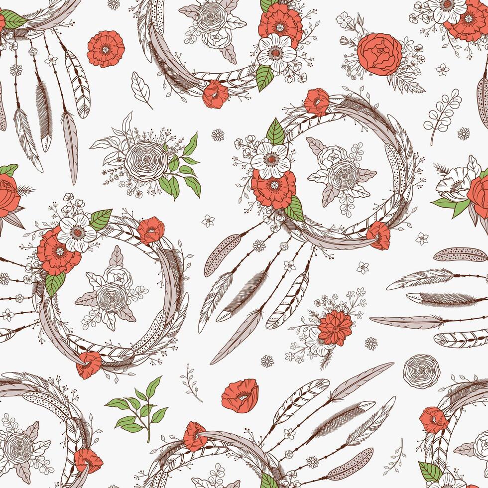 Seamless pattern with hand drawn dreamcatchers and flowers. Boho style. Pattern for textile, packaging, greeting cards, invitations, wedding decoration. Bohemian collection. vector