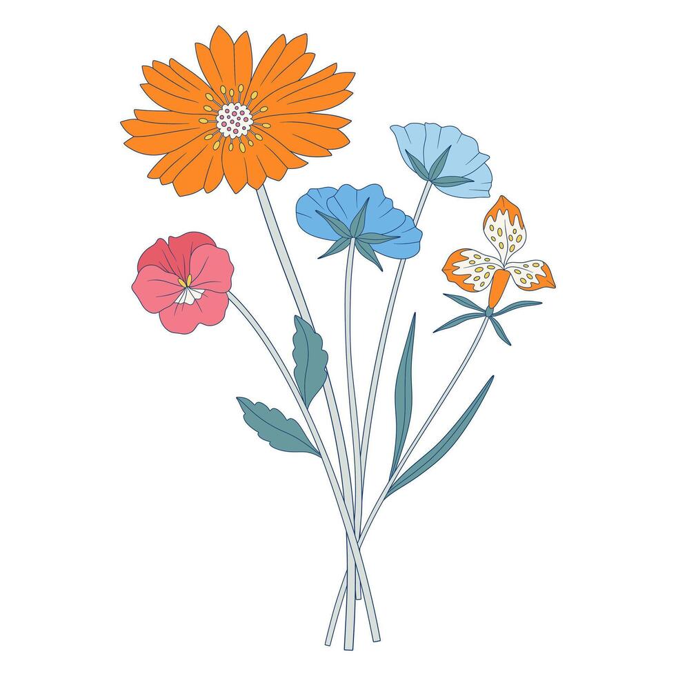 Bunch of meadow flowers, herbs, and wild plants vector