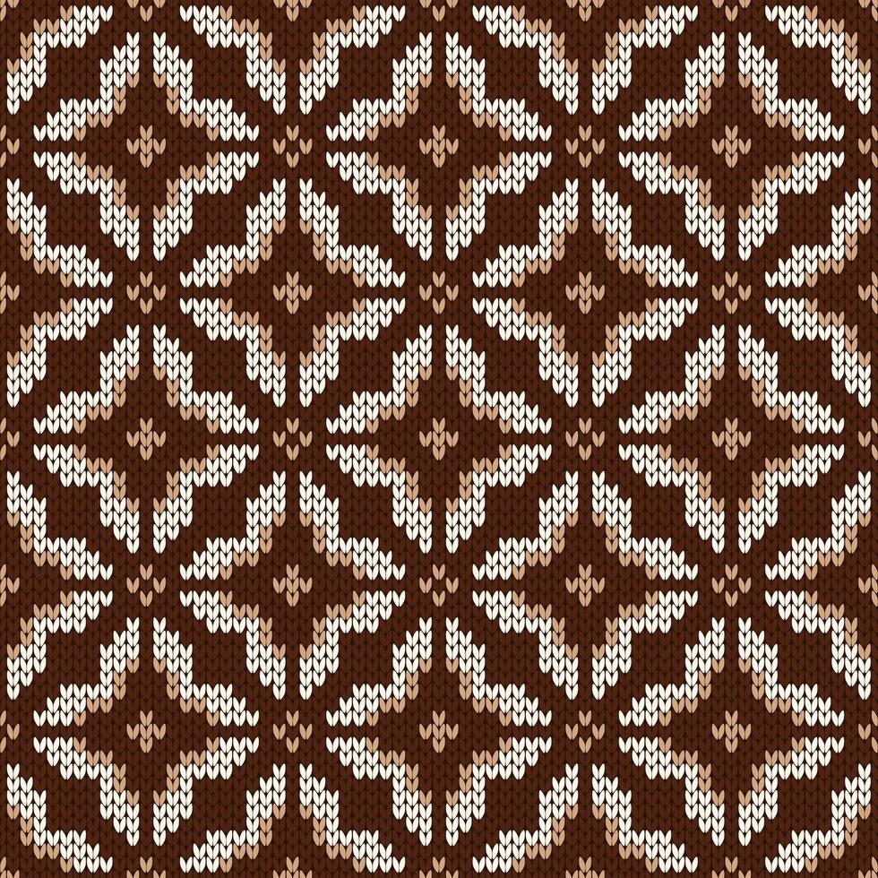 Scandinavian knitted seamless pattern. Norwegian native style sweater. Wool texture. Winter holiday background with snowflakes, brown vector