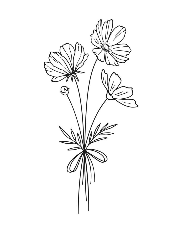 Wildflower line art bouquet, outline. Hand drawn flowers, meadow herbs, wild plants, and botanical elements for design projects vector