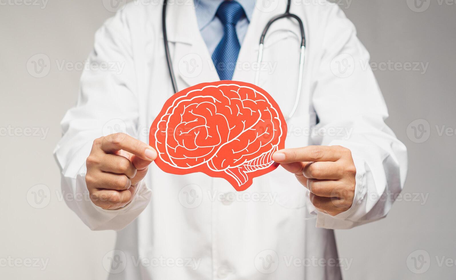 Close-up of a doctor holding a brain symbol made from red paper while standing in the hospital. photo