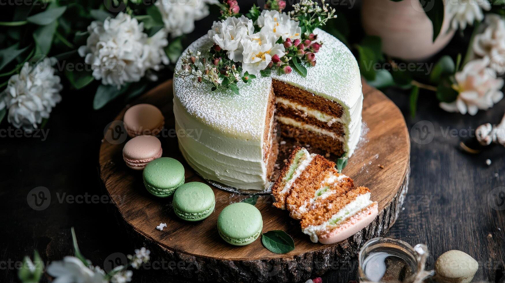A beautifully decorated cake with macaroons on a rustic wooden board surrounded by flowers, creating an elegant dessert display. photo