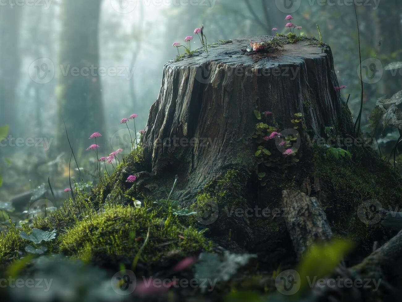A moss-covered tree stump surrounded by lush greenery in a misty forest setting, evoking a sense of tranquility and natural beauty. photo