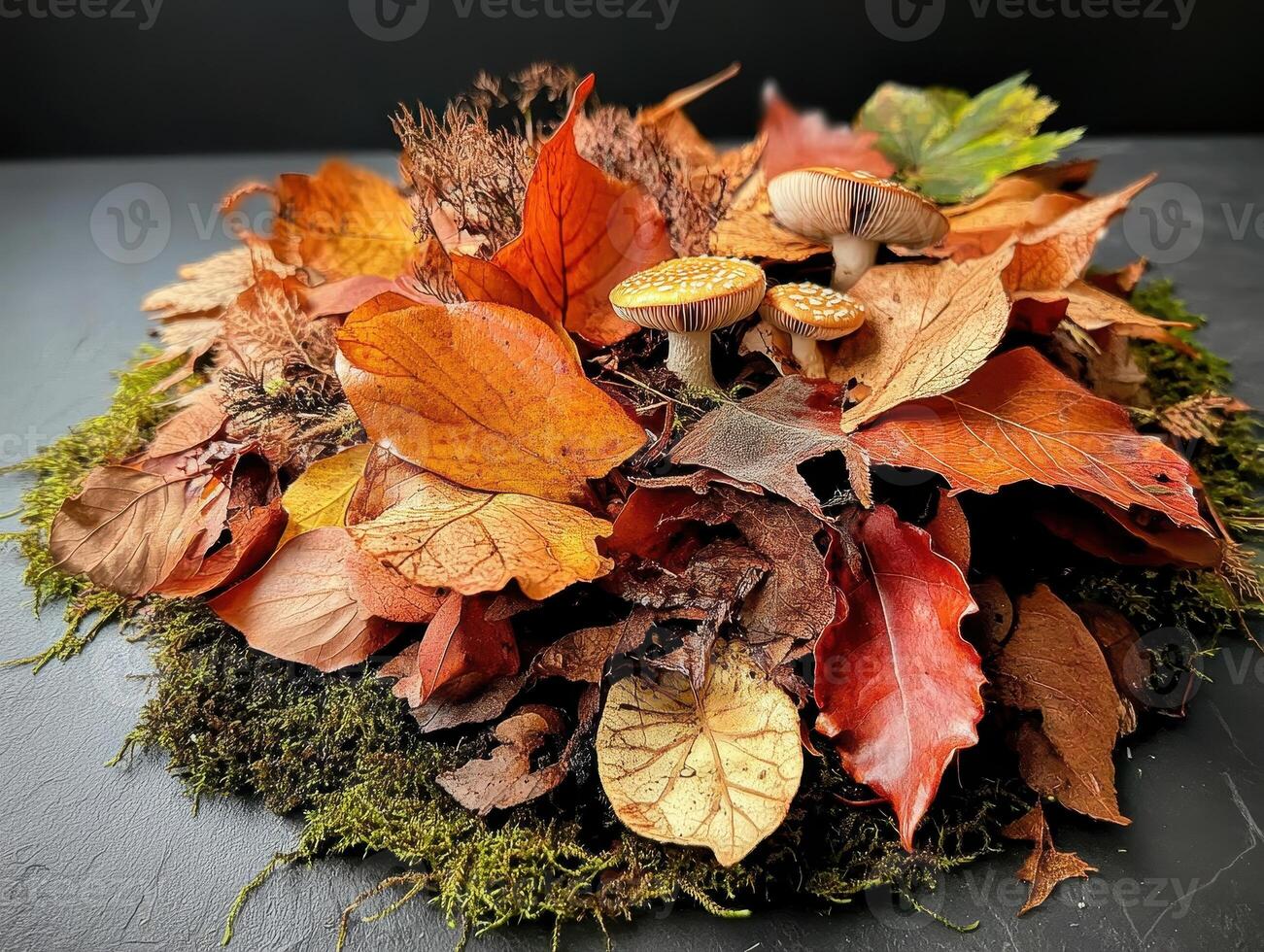 A vibrant arrangement of autumn leaves and mushrooms, showcasing intricate textures and colors against a dark background. photo