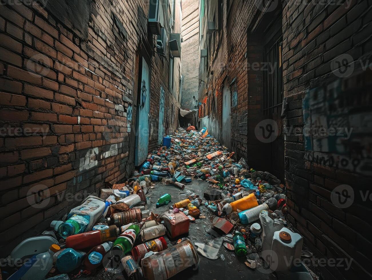 A narrow alleyway cluttered with heaps of trash, bottles, and debris, showcasing urban neglect and pollution amidst brick walls. photo