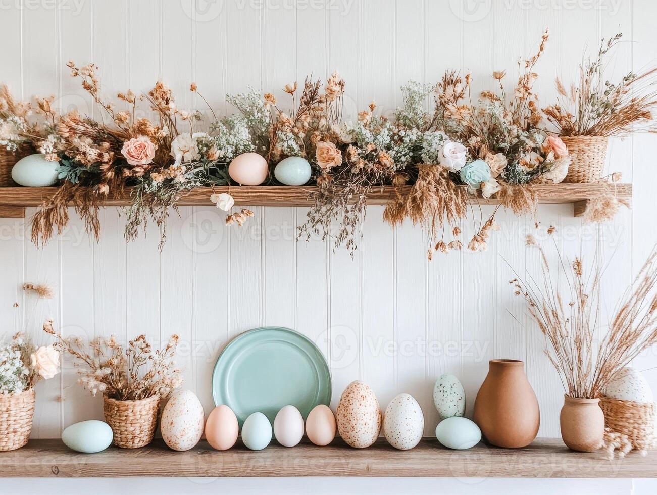 A serene shelf display featuring dried flowers, decorative eggs, and a ceramic plate against a light wooden backdrop. photo