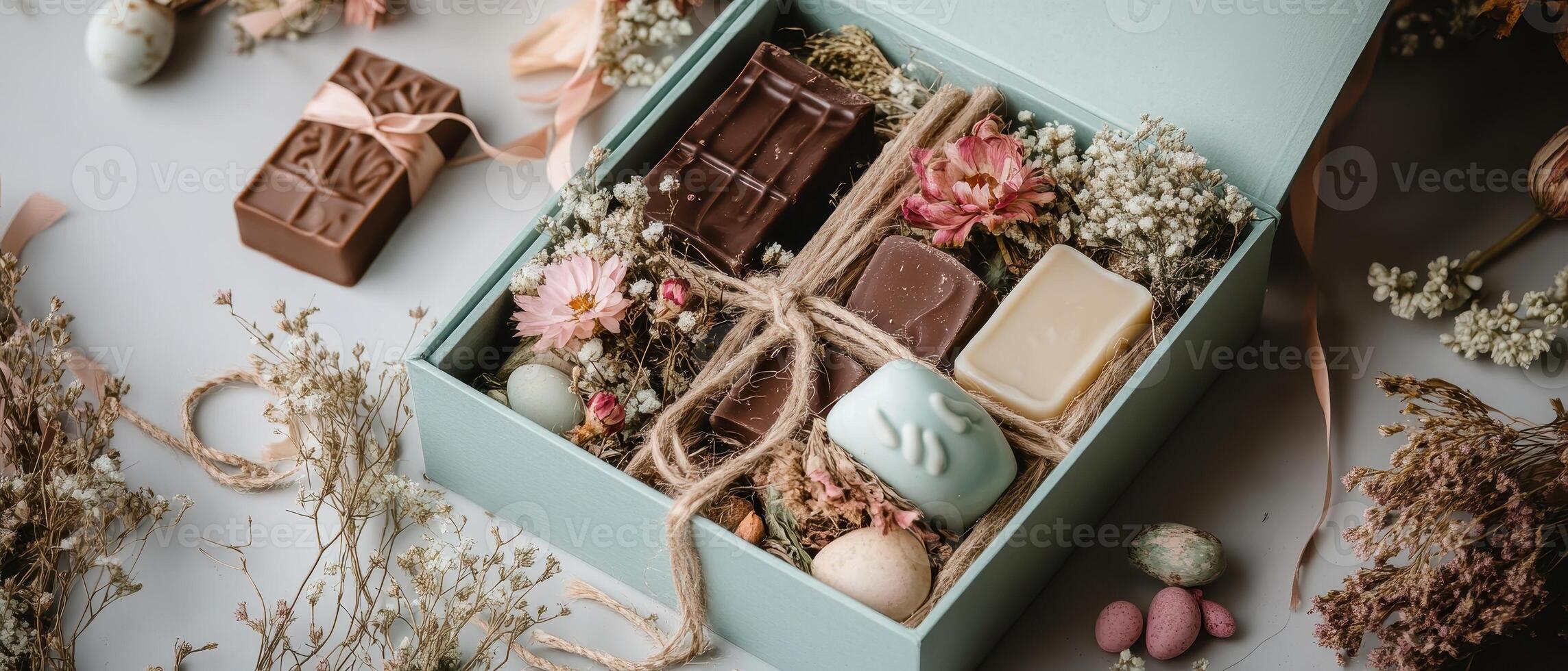 A beautifully arranged gift box filled with assorted chocolates and decorative elements, set against a soft, neutral background. photo