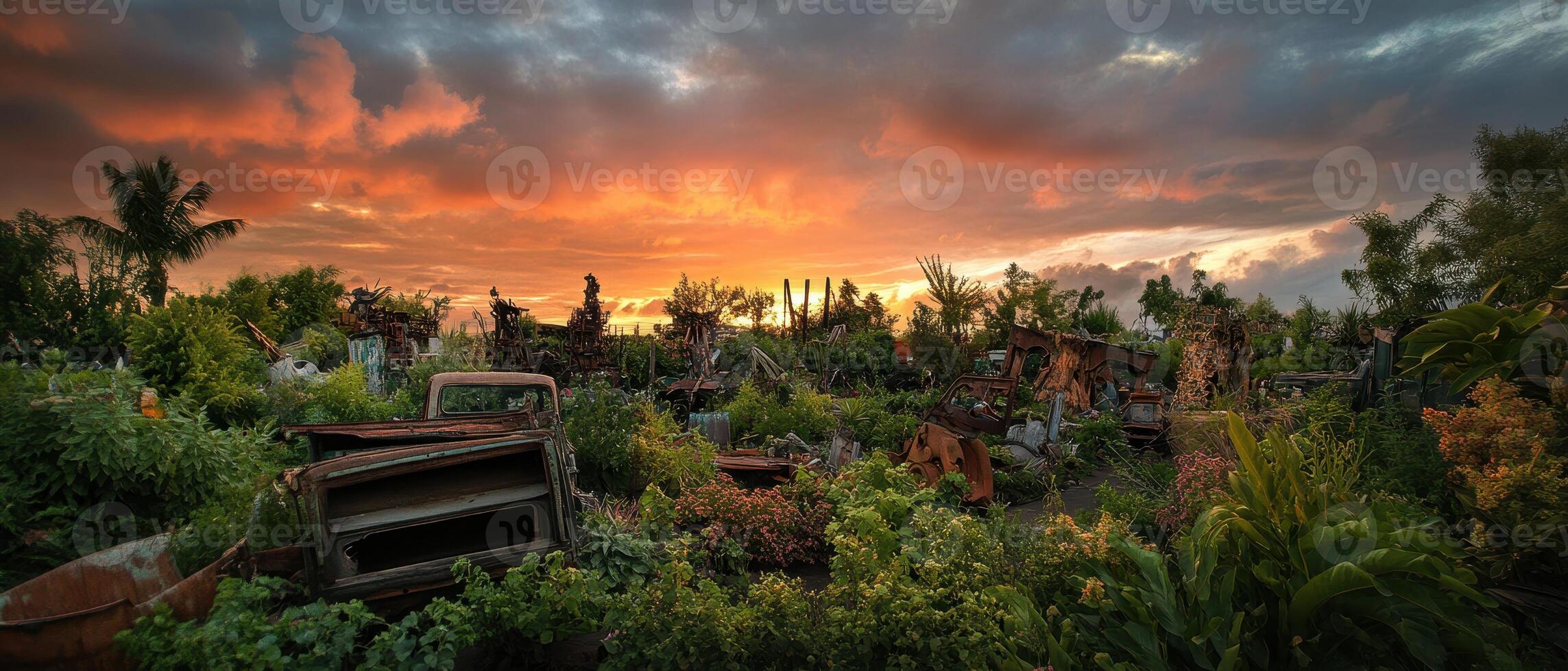 A vibrant sunset over a lush garden filled with plants, old vehicles, and a rich blend of colors in the sky. photo
