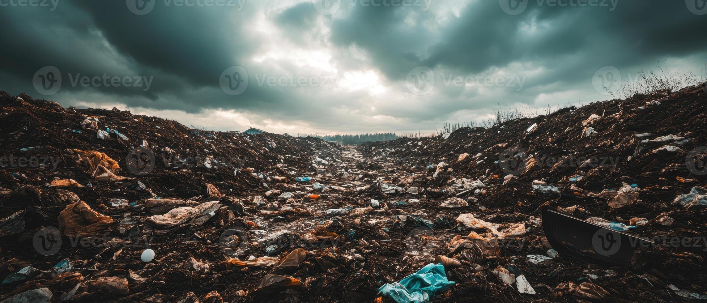 A dark, expansive landscape filled with garbage under a cloudy sky, highlighting environmental pollution and waste issues. photo