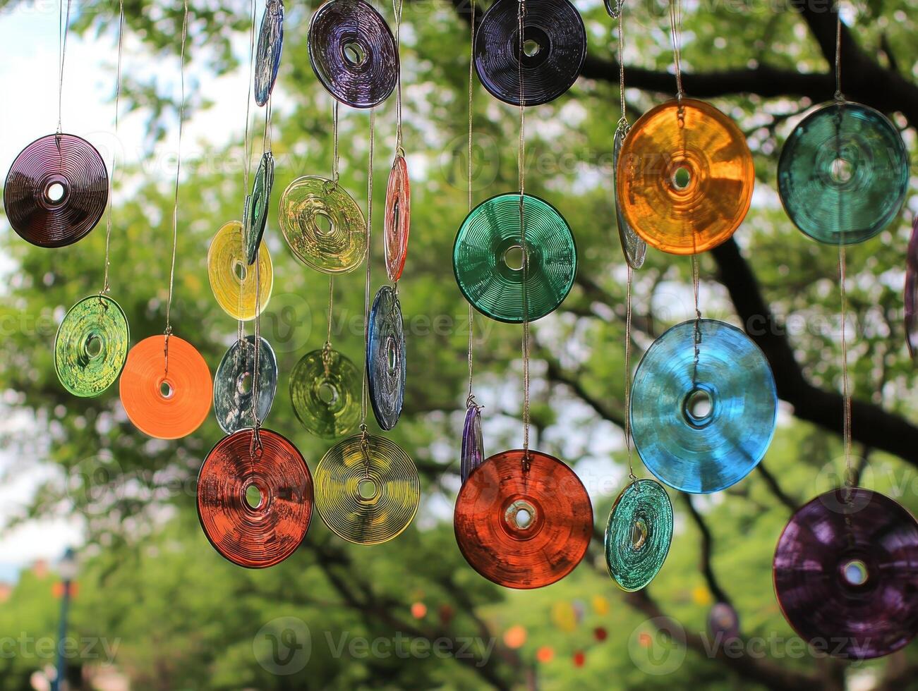 Colorful glass discs hang from a tree, creating a whimsical decoration against a lush green backdrop. photo