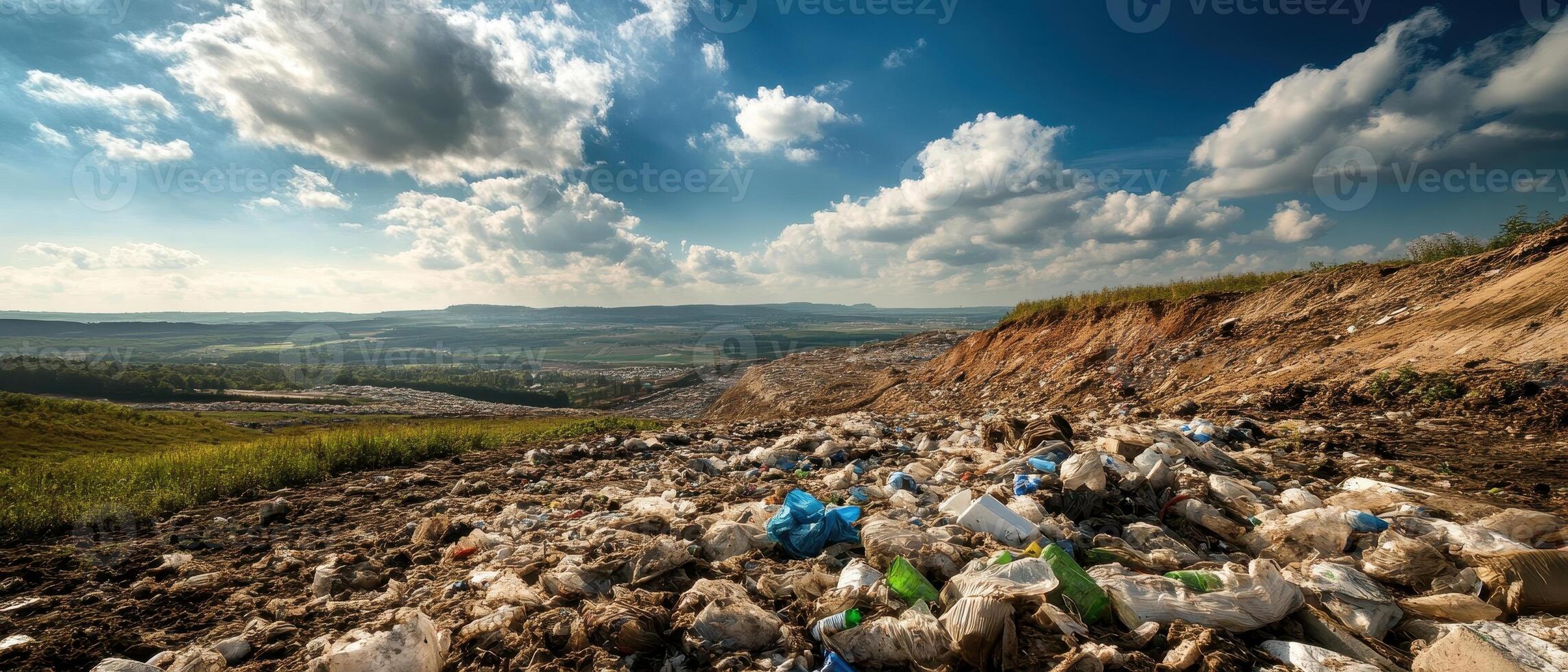 A panoramic view of a rocky landscape littered with trash, under a dramatic sky filled with clouds. photo
