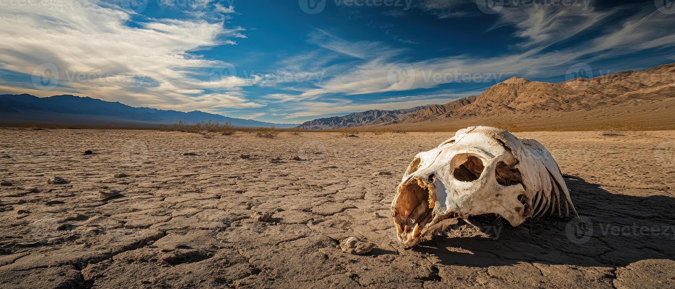 A desolate landscape featuring a large animal skull on cracked earth under a dramatic sky, illustrating themes of decay and nature's harshness. photo