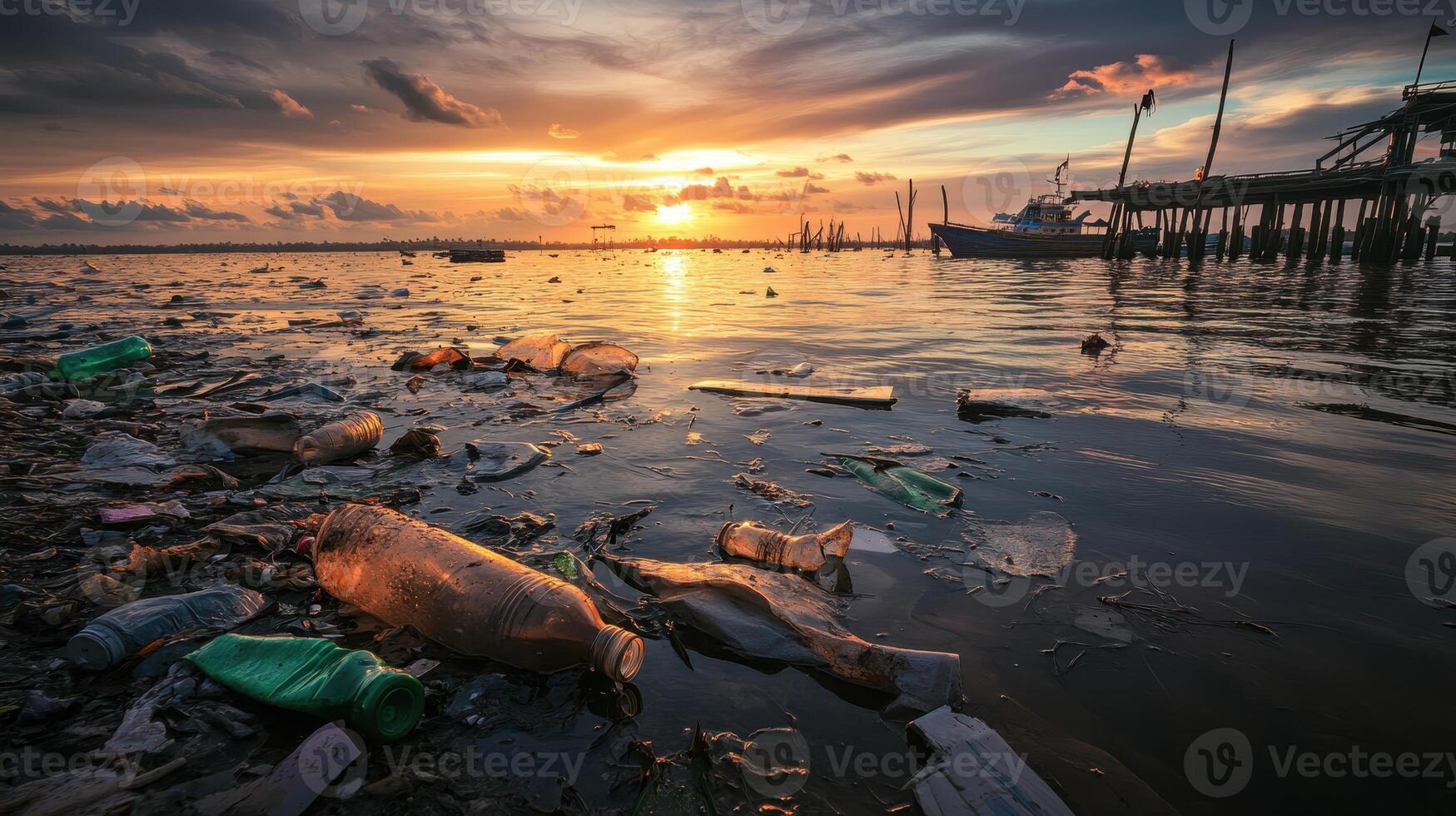 Polluted water with plastic waste under a dramatic sunset, showcasing environmental degradation. photo