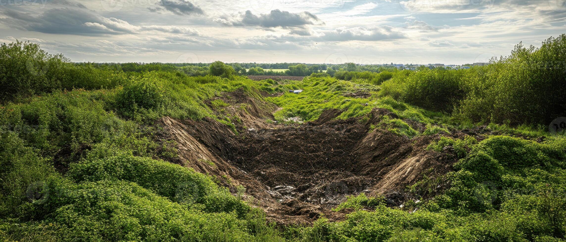 A large, overgrown crater surrounded by greenery under a cloudy sky, evoking a sense of nature reclaiming a disturbed landscape. photo