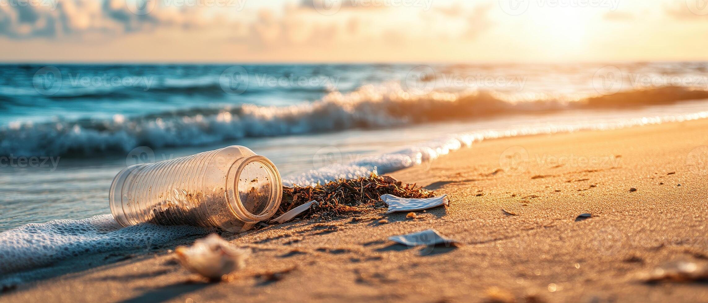 A glass jar lies on the beach shore, partially submerged in water, with gentle waves and a serene sunset in the background. photo