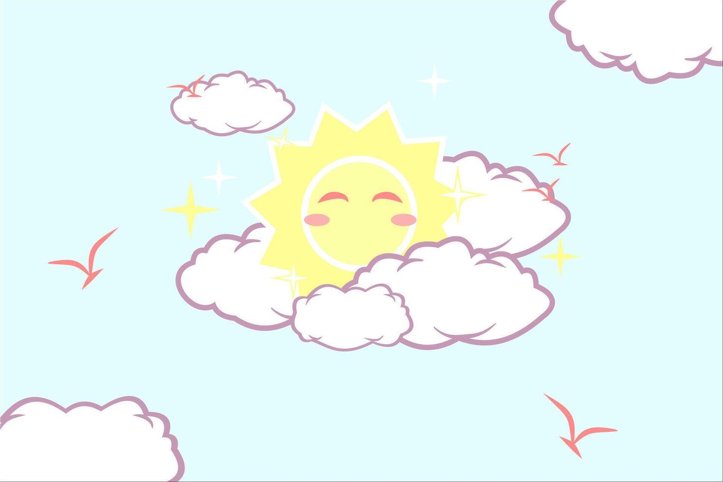 a cartoon sun is sitting on clouds with bird, Blue sky and sun with clouds background. vector