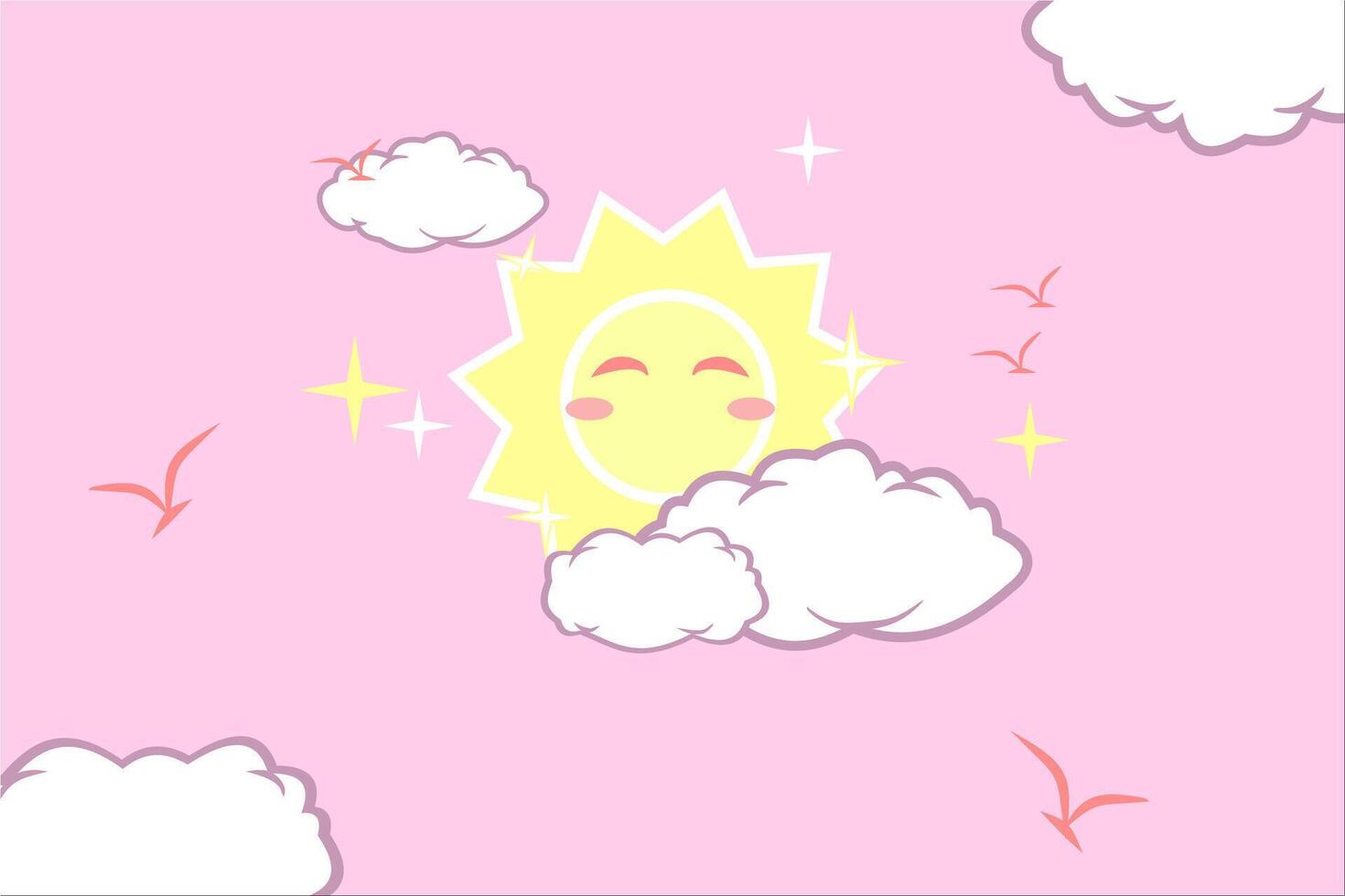 a cartoon sun and clouds on a pink background, sky background, fantasy pastel color vector