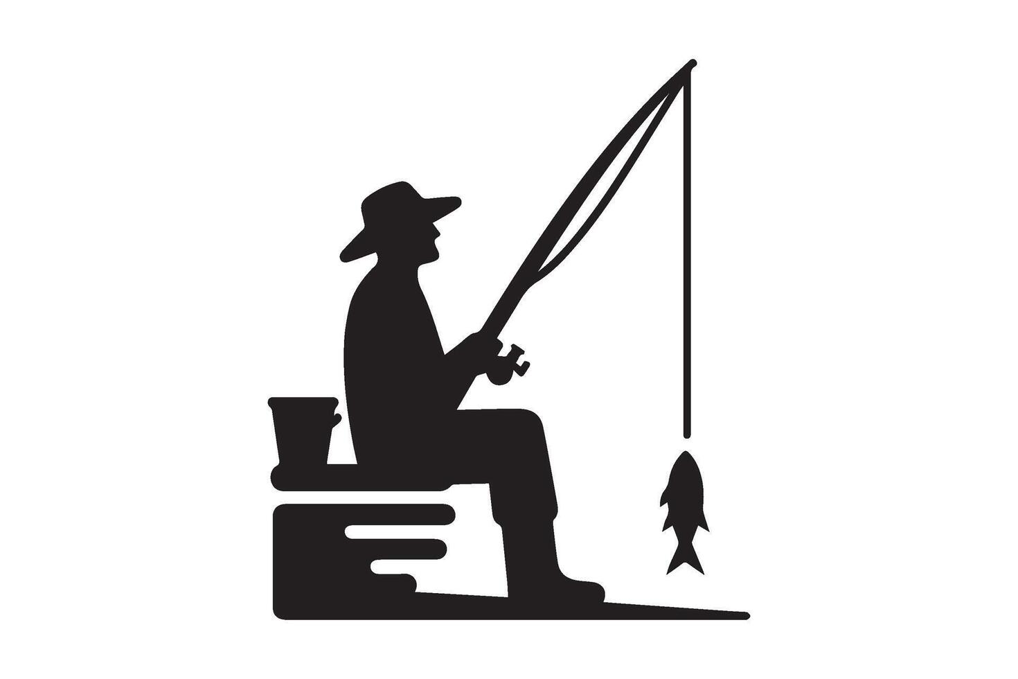 Fisherman catching fish illustration. Fisherman black icon vector