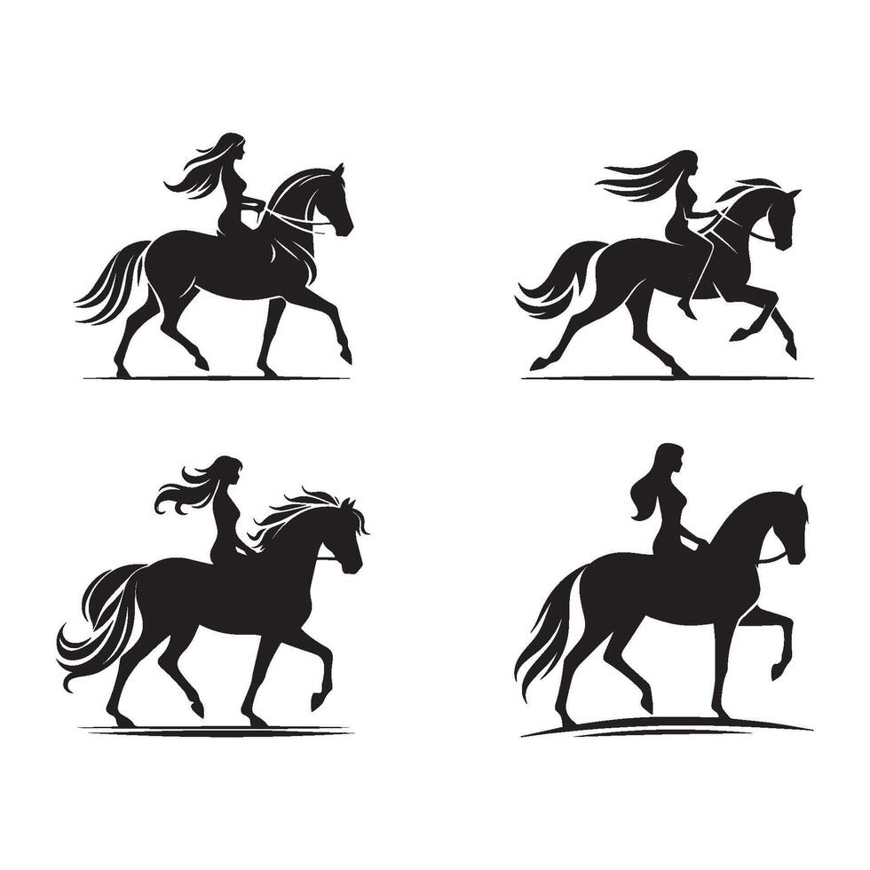 Set of woman riding a horse silhouette on white background. vector