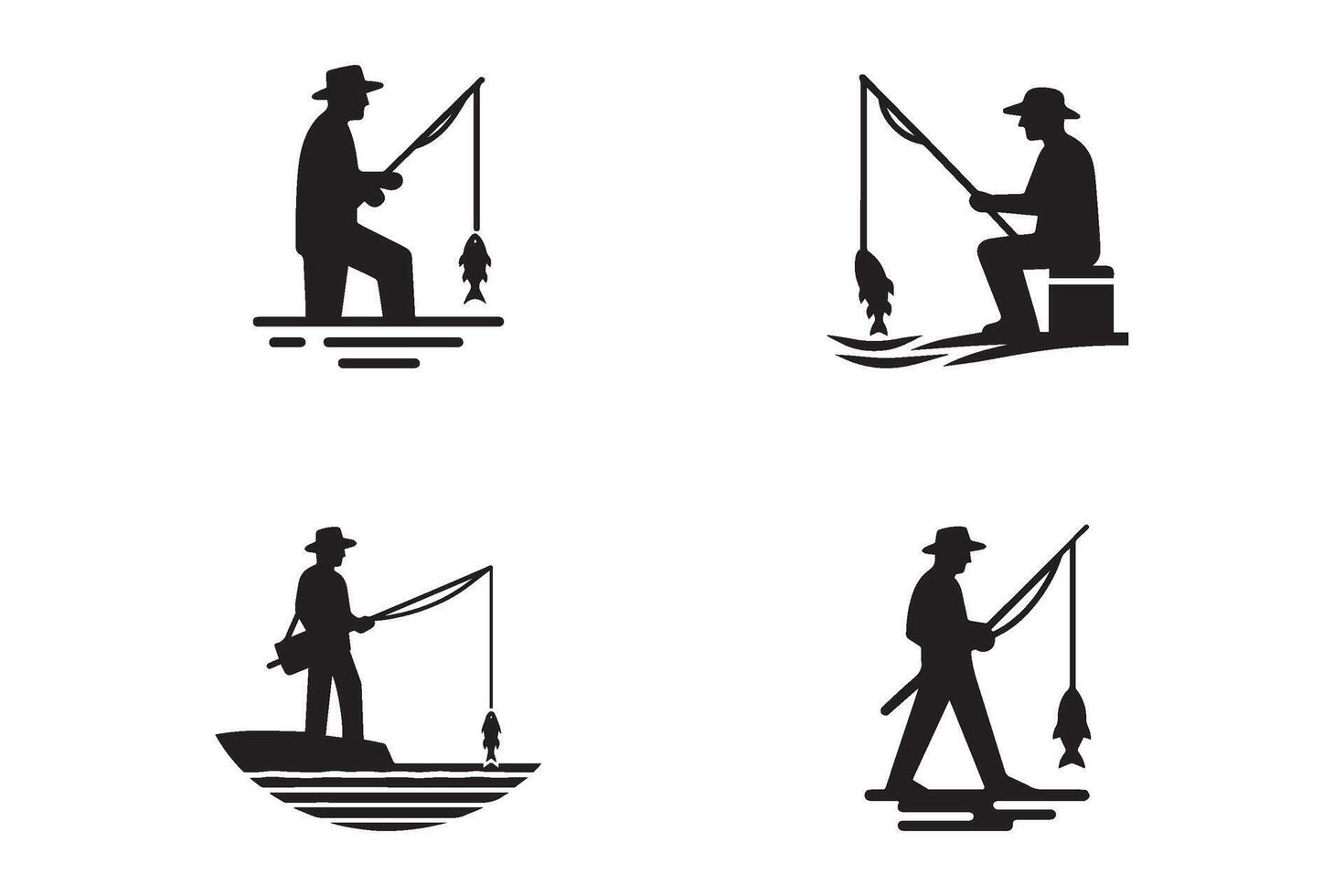 Set of fisherman silhouette. Catching fish concept icons. vector