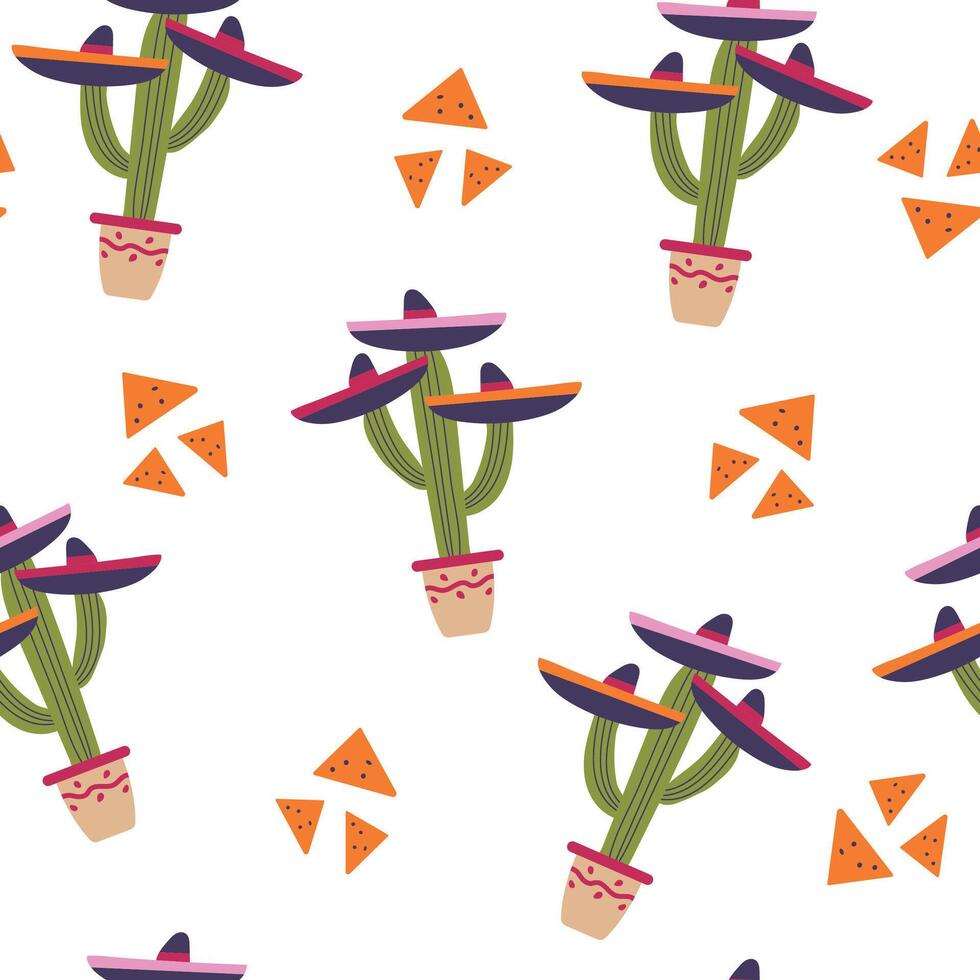 Cinco de Mayo seamless pattern background for packaging and decoration with cactus and nachos vector