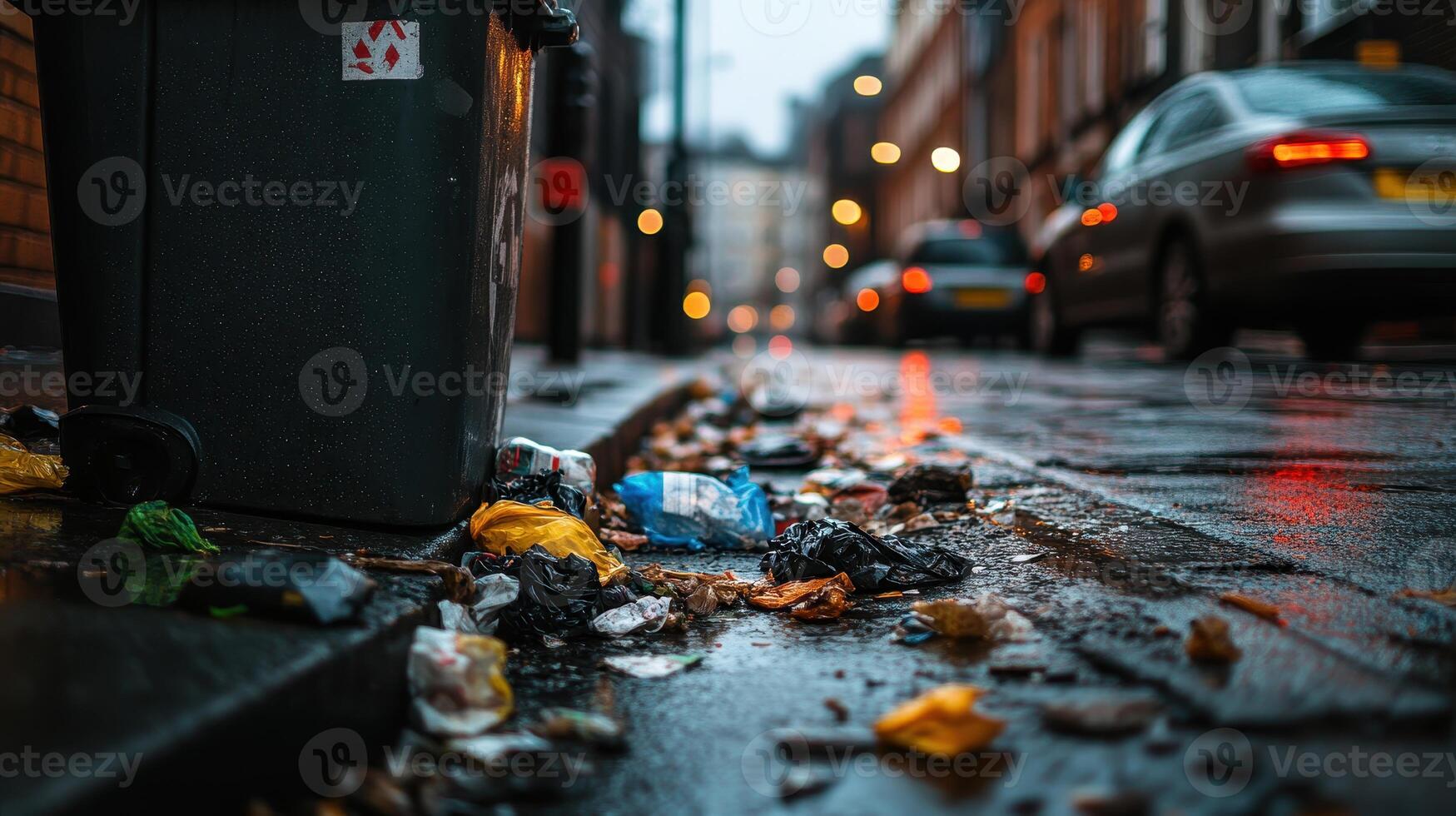 A rain-soaked street littered with trash next to a garbage bin, showcasing urban waste and environmental concerns in a city setting. photo