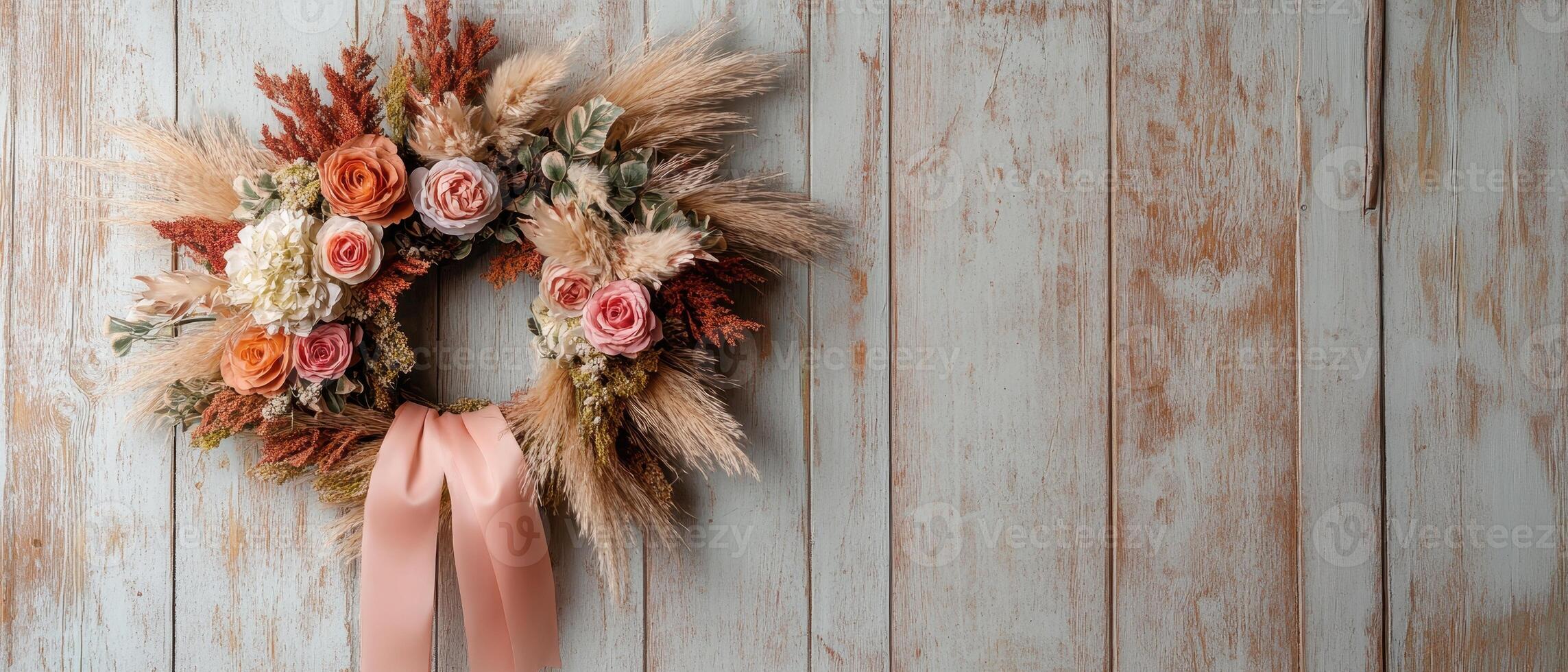 A decorative floral wreath with soft pink ribbon hangs against a rustic wooden background, combining natural elements for a charming aesthetic. photo