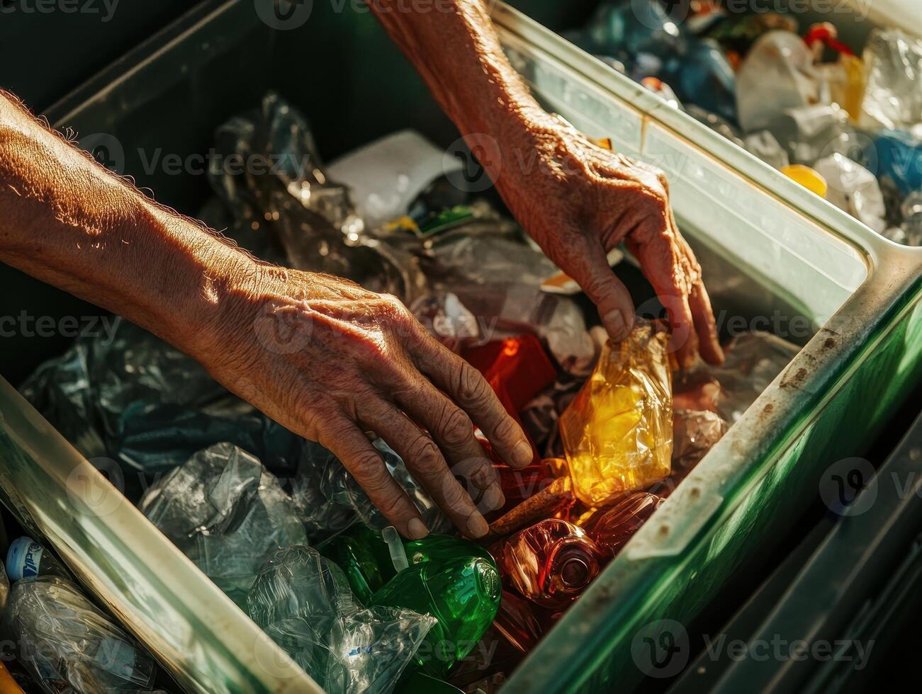 A person sorting through a container filled with various plastic waste, highlighting the issue of recycling and environmental responsibility. photo