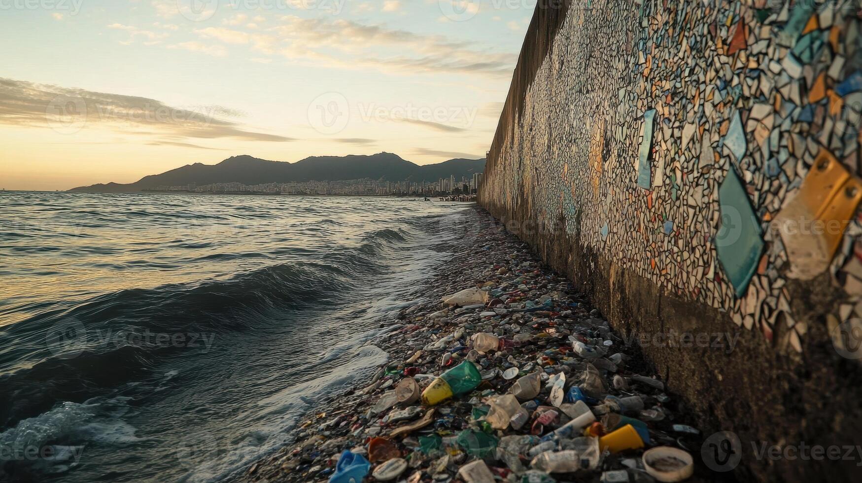 A shoreline littered with plastic waste against a backdrop of waves and mountains at sunset, highlighting environmental pollution. photo