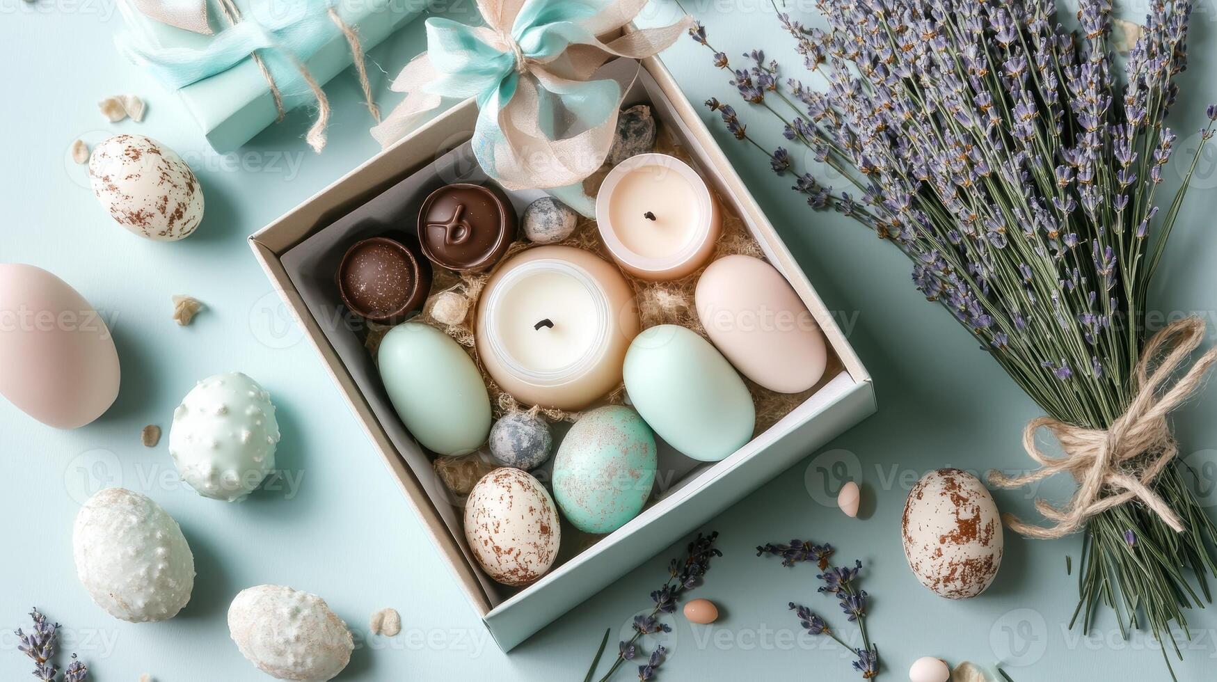 A pastel-themed arrangement featuring decorative eggs, candles, and lavender, creating an inviting spring atmosphere. photo