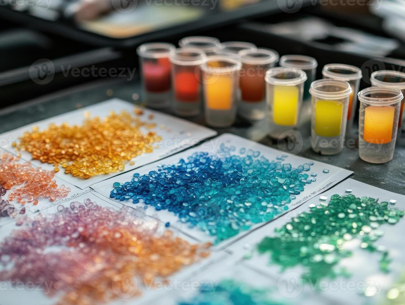 Vibrant collection of colored gems and small containers filled with liquid, showcasing a range of hues and textures in an artistic display. photo