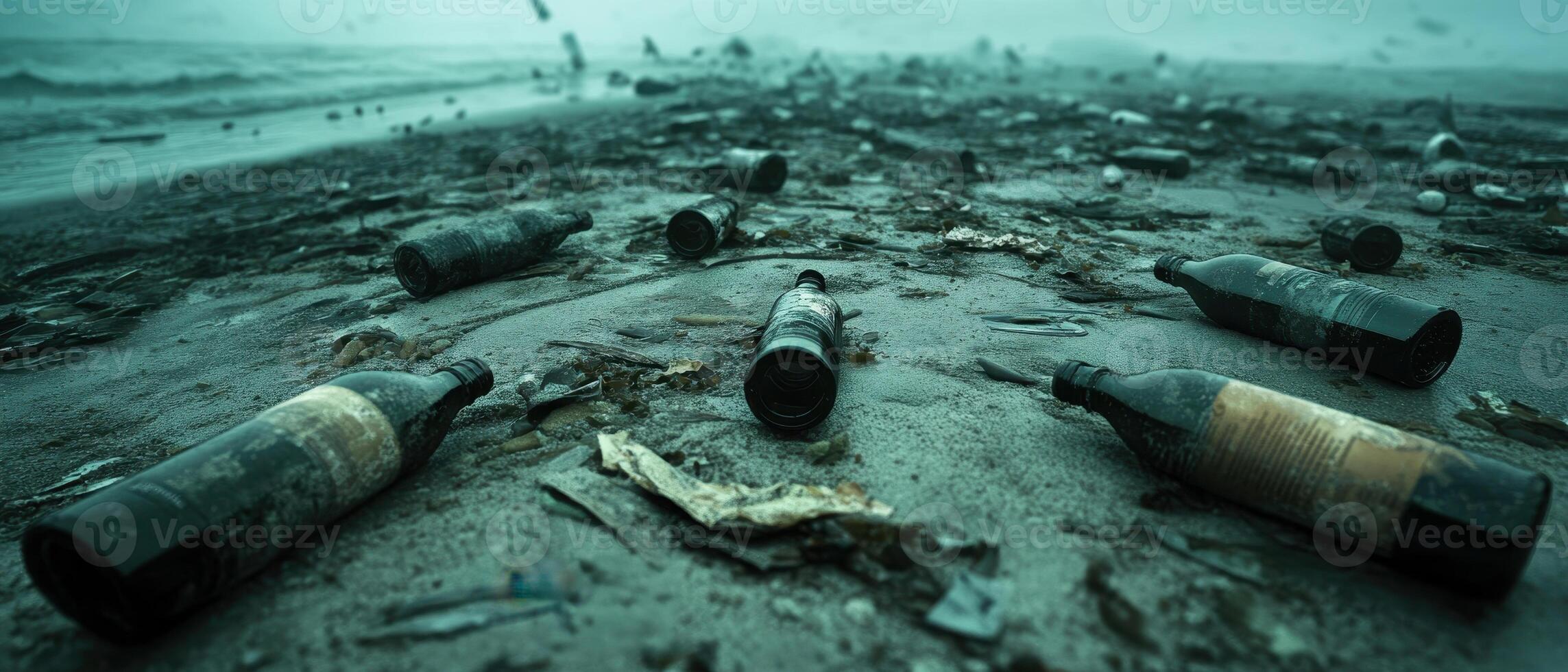 Littered beach scene with broken bottles and debris, highlighting pollution and environmental concerns. photo