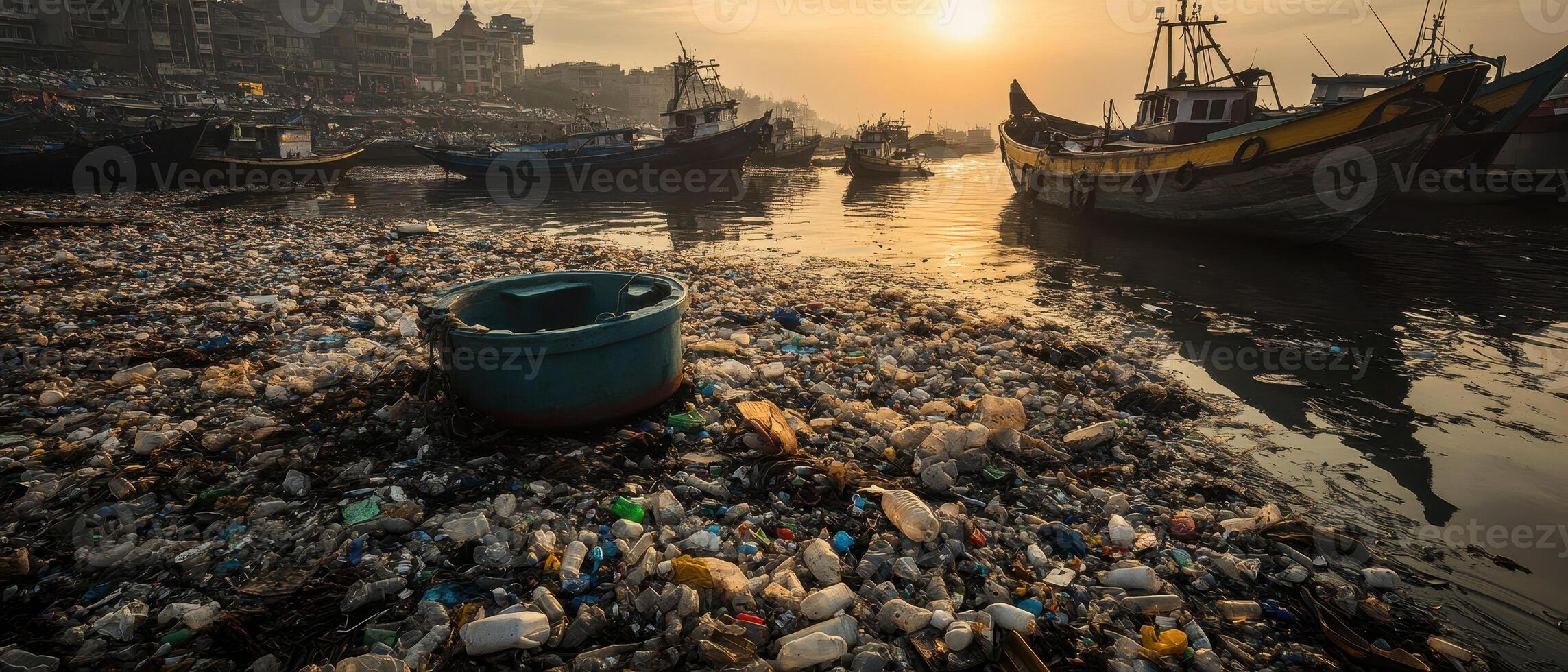 A polluted shoreline with boats gathered around a sea of garbage, under a hazy sunset, highlighting environmental issues. photo