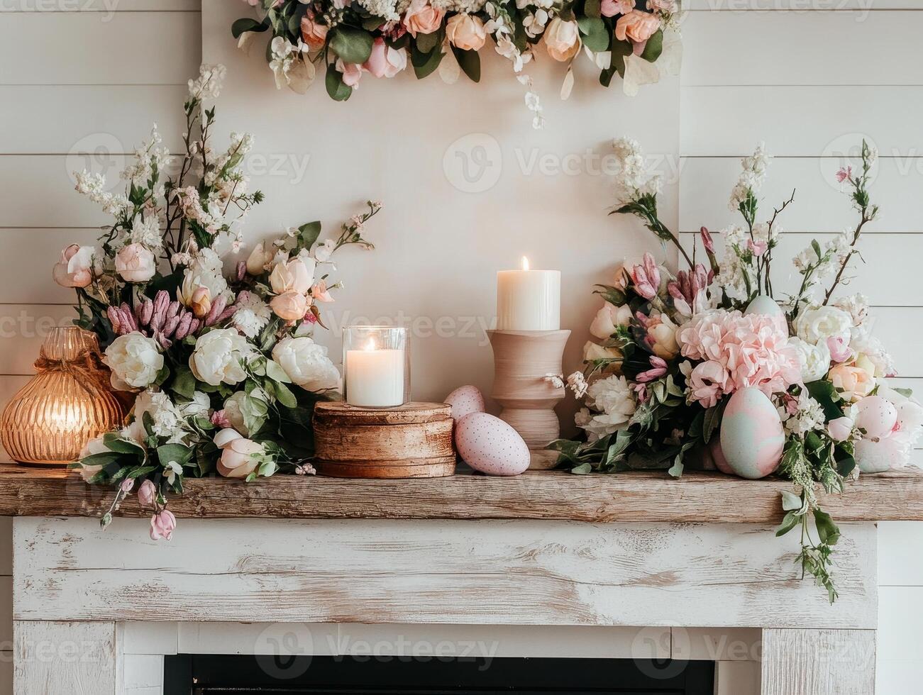 Decorative mantel with pastel flowers, candles, and Easter eggs, creating a cozy and festive atmosphere. photo