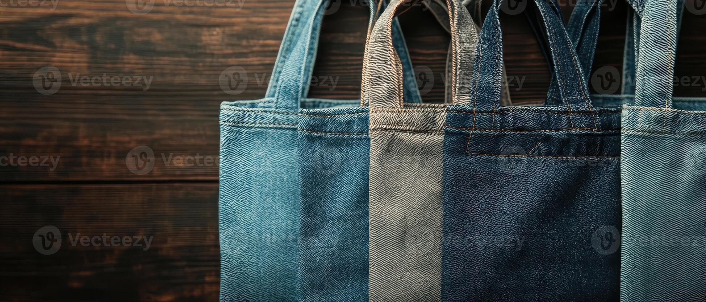 Tote bags in various denim shades arranged against a rustic wooden background. photo