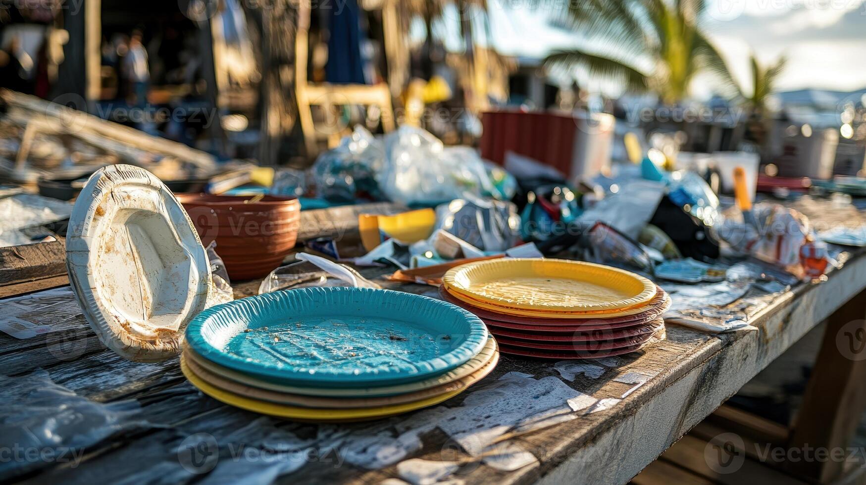 Colorful plates on a rustic table surrounded by a variety of items, suggesting a casual dining or outdoor gathering setting. photo