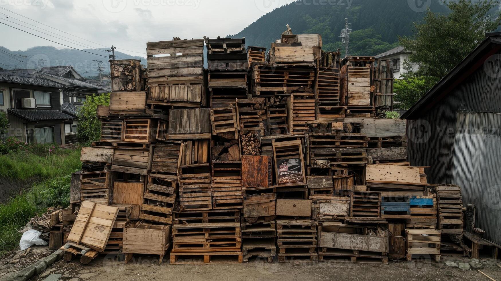 A large stack of wooden pallets creates a rustic and textured backdrop against a mountainous landscape, showcasing industrial materials in nature. photo