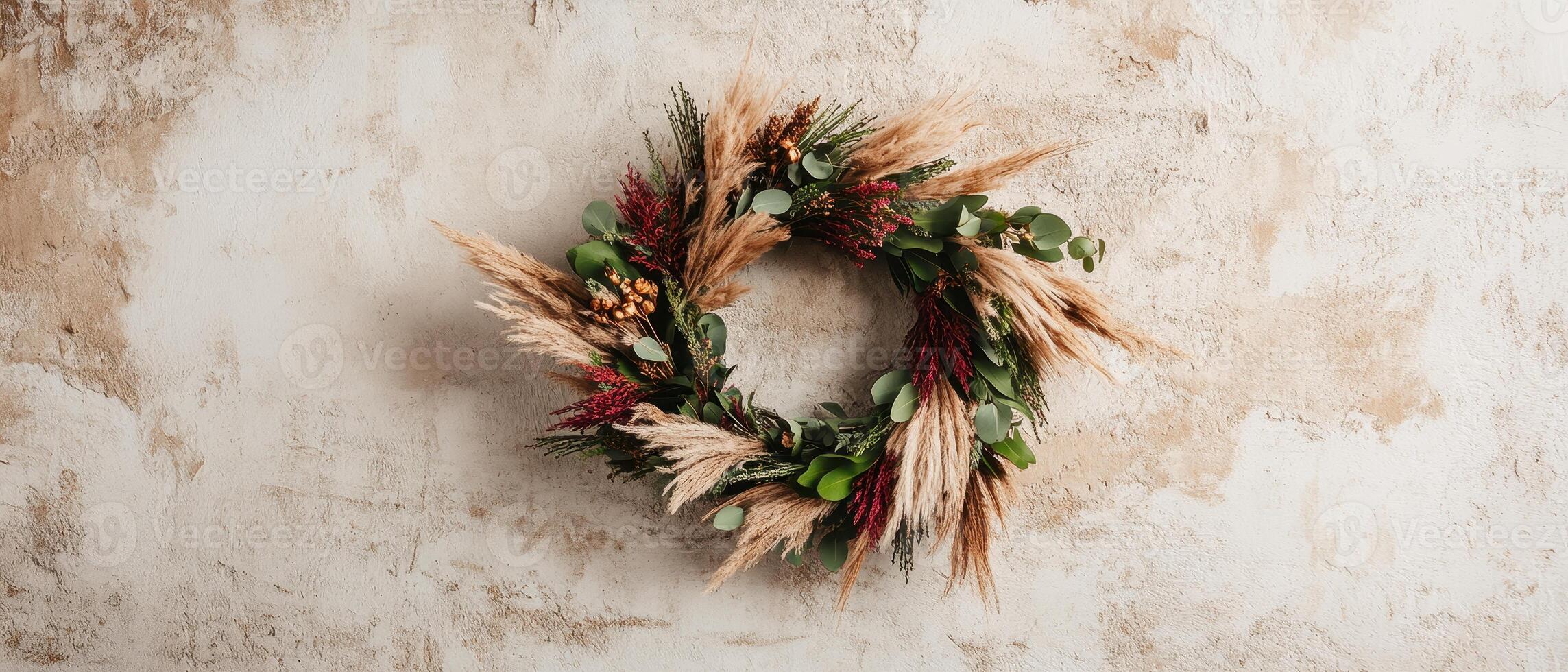 A decorative wreath made of dried plants and greenery, set against a textured wall background. photo