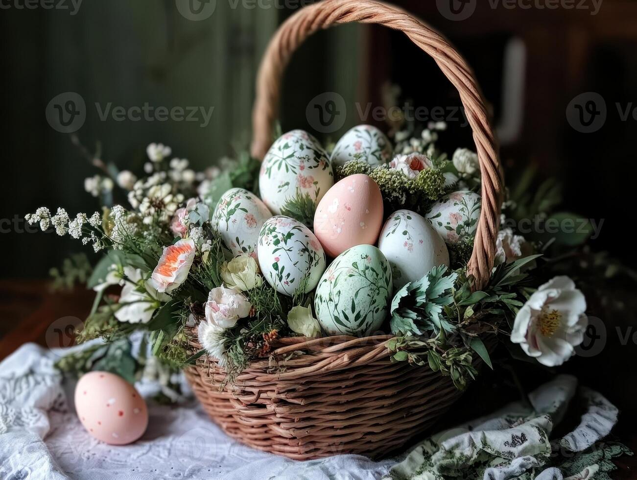 A decorative basket filled with intricately designed eggs and floral accents, creating an elegant spring or Easter theme. photo